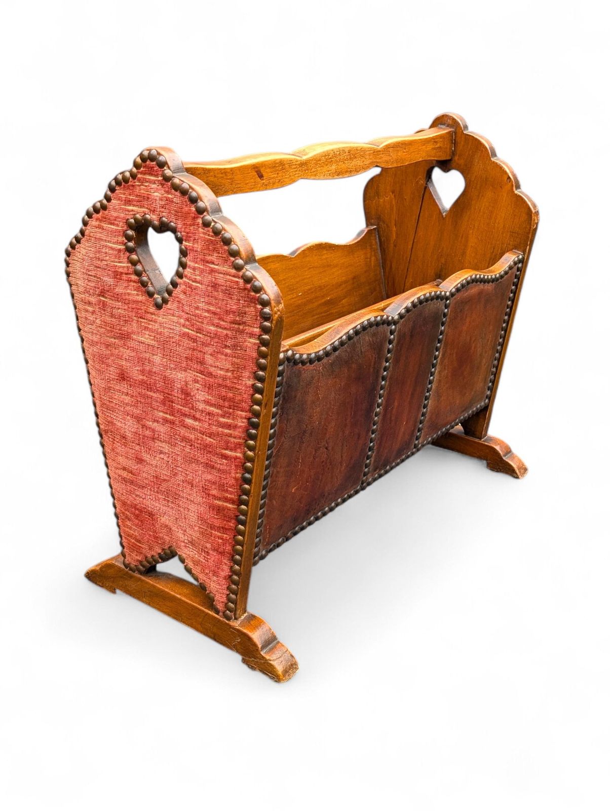 English Arts & Crafts Magazine Rack With Leather Panels And Heart Cutouts photo Home Decor