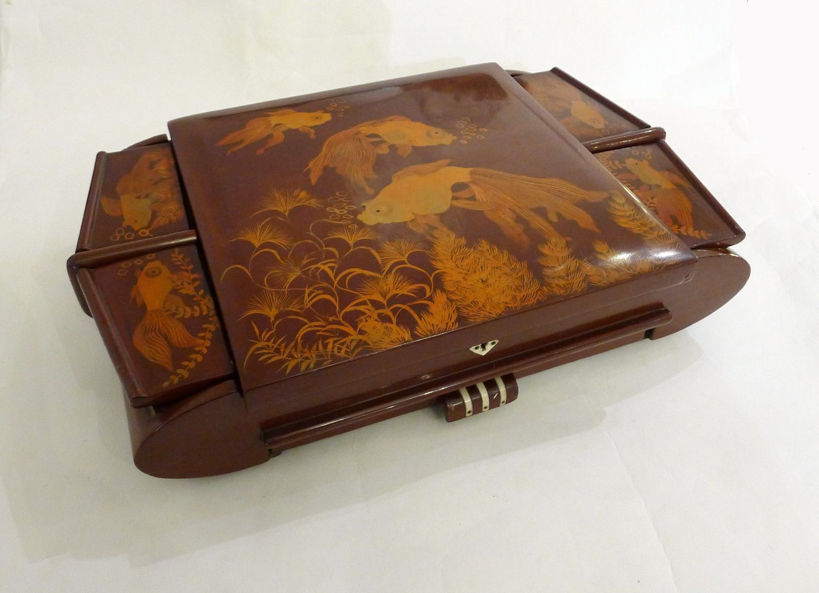 Large Mid Century Lacquered Wooden Jewelry Box With Fish, Asia, 1950s