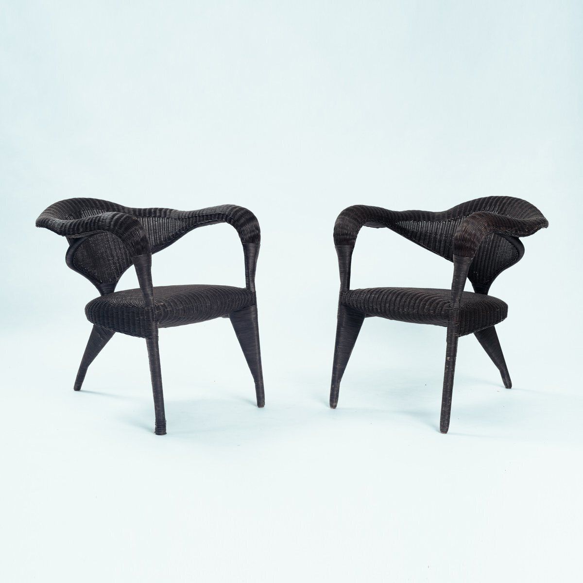 Set Of Sculptural Rattan Tripod Armchairs, 1980s photo furniture