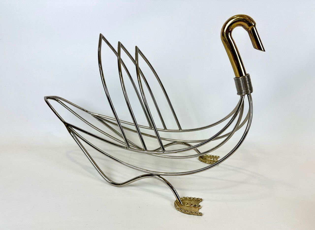 Regency Swan Chrome And Brass Magazine Rack, 1970s photo Home Decor