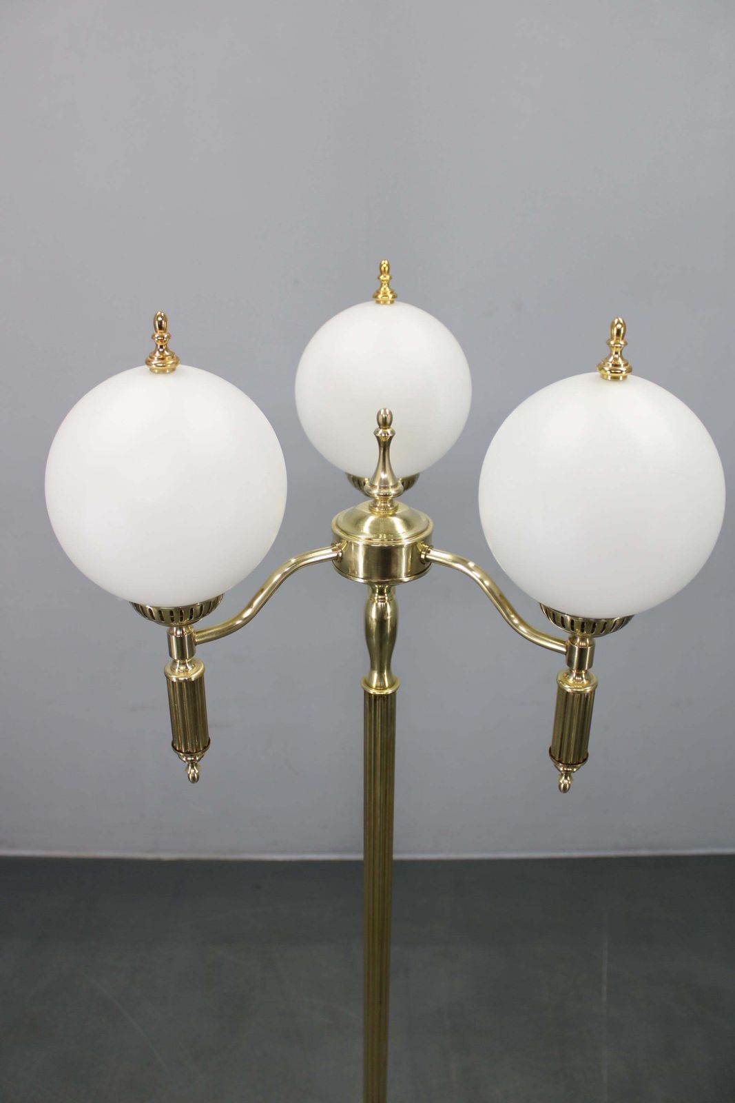 1970s Czechoslovak Floor Lamp In Brass With Milky Glass Shades photo vintage