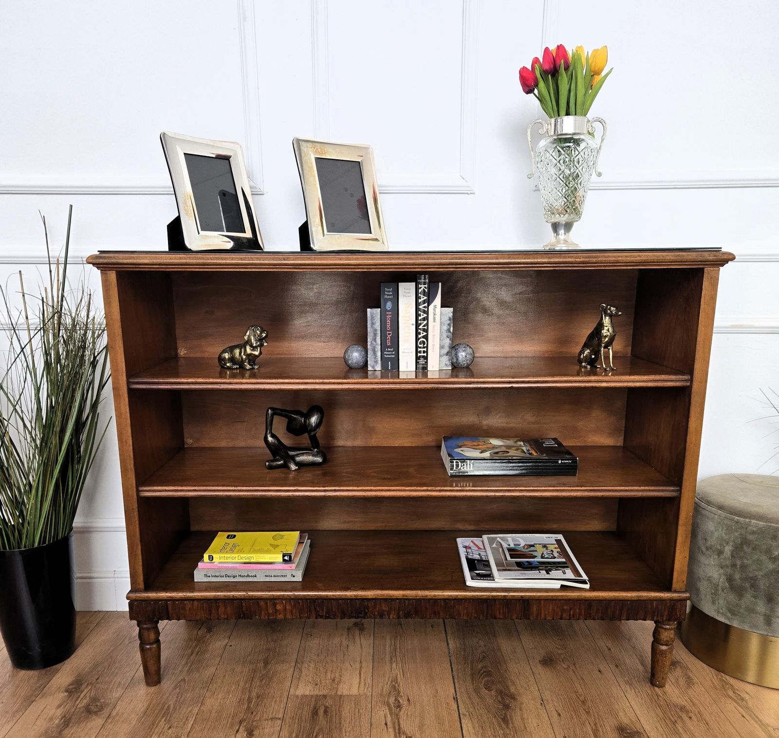 Midcentury Italian Walnut Burl Wood Three Shelves Open Bookcase Library photo Furniture