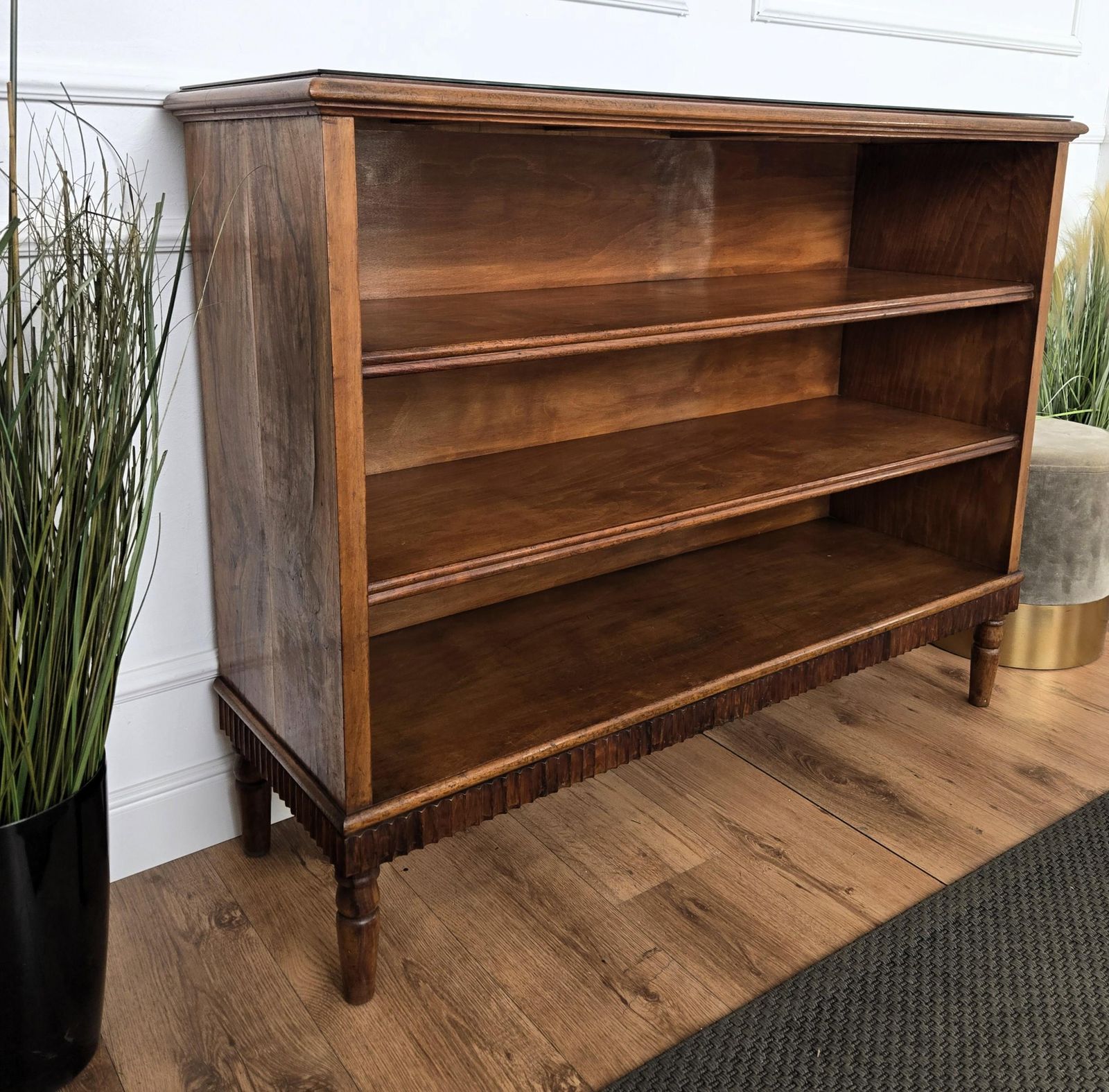 Midcentury Italian Walnut Burl Wood Three Shelves Open Bookcase Library photo vintage