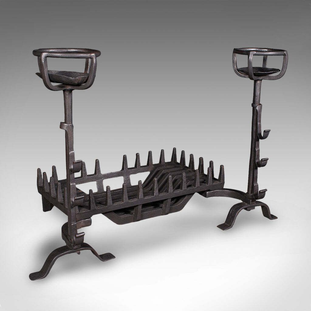 Antique Fireplace Set English Cast Iron Fire Basket Mulling Andiron Georgian