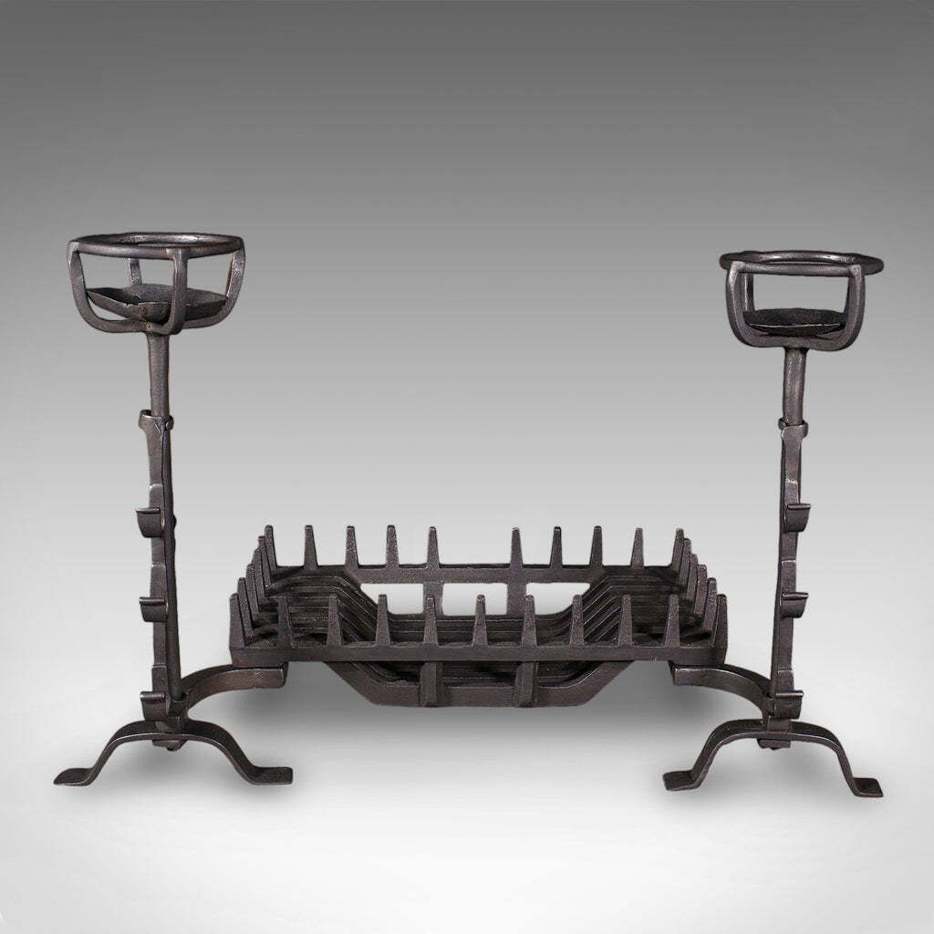 Antique Fireplace Set English Cast Iron Fire Basket Mulling Andiron Georgian photo furniture