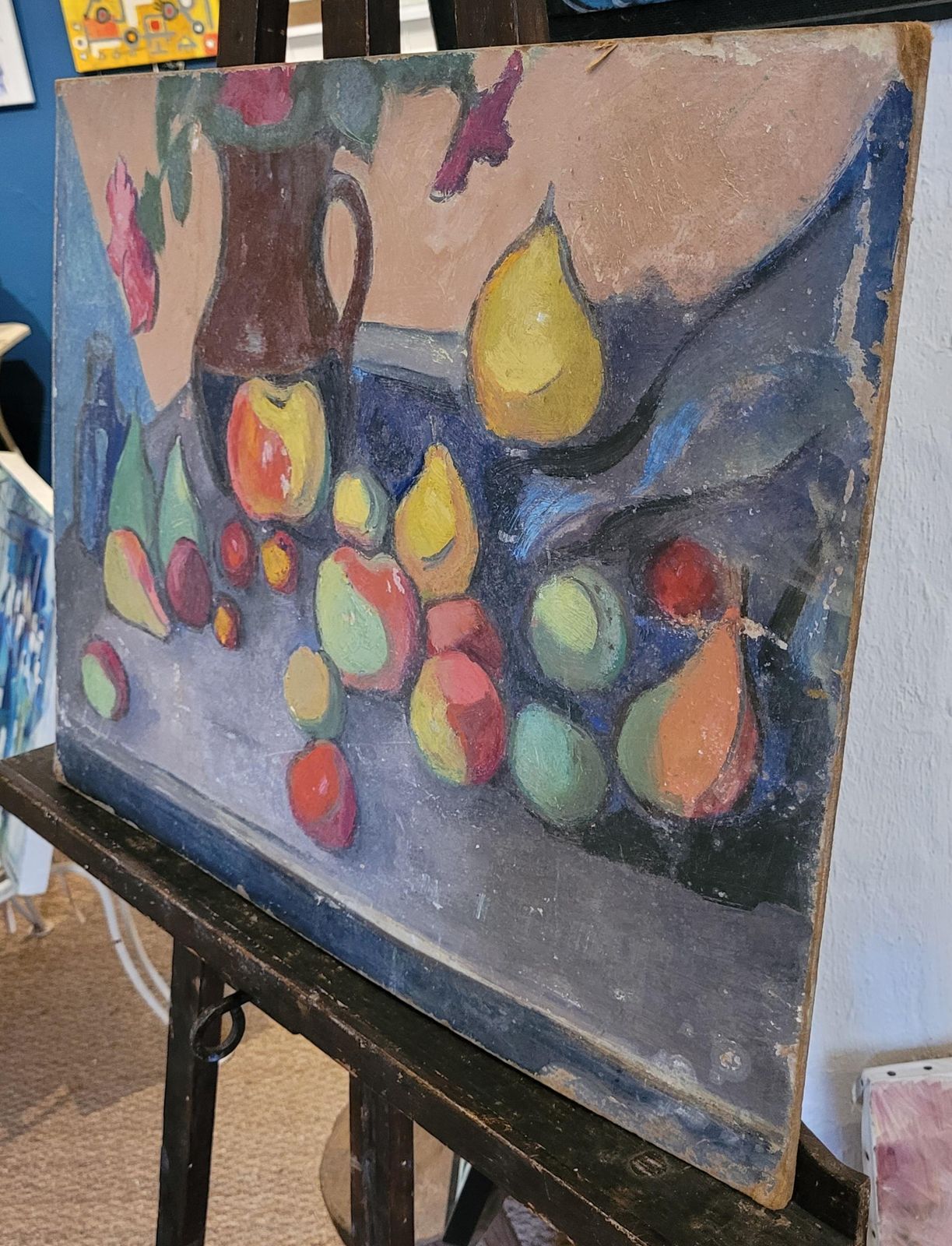 photo vinterior Post Impressionist Oil On Board. Tablescape Still Life. School Of Cezanne. 1950s, By Jean Perret