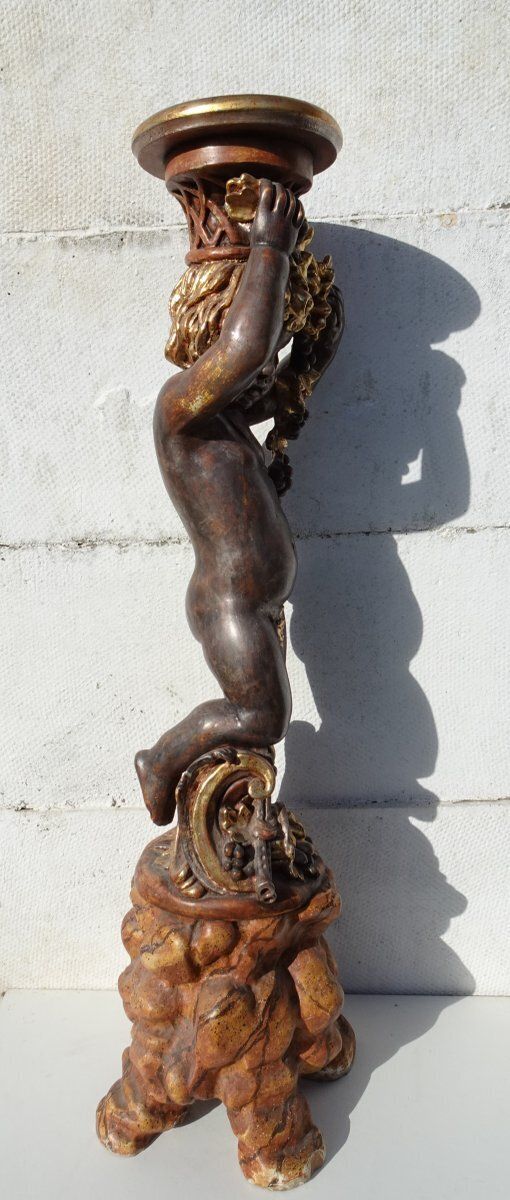 Italian Gilded And Carved Wooden Cherub Pedestal Plant Stand, 1970s photo Home Decor