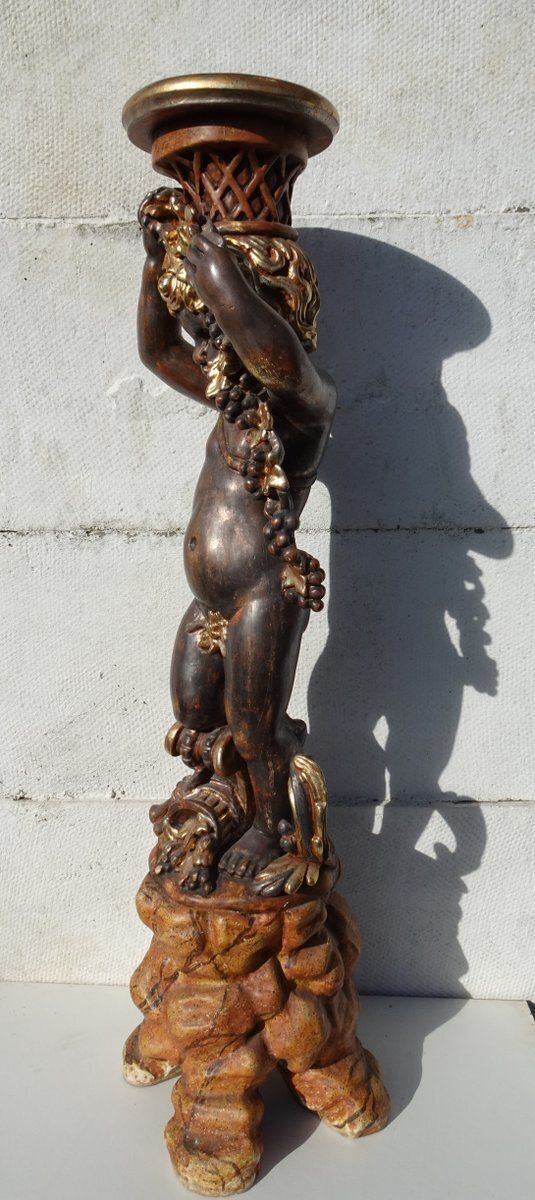 Italian Gilded And Carved Wooden Cherub Pedestal Plant Stand, 1970s photo 1177.0