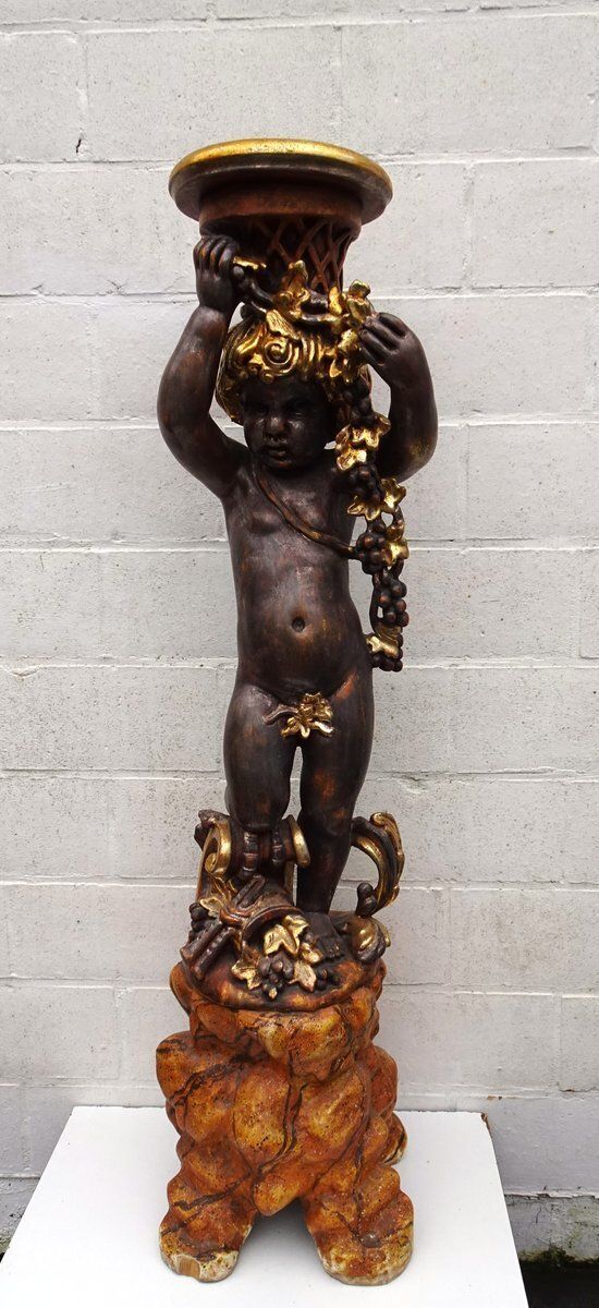 photo for sale Italian Gilded And Carved Wooden Cherub Pedestal Plant Stand, 1970s