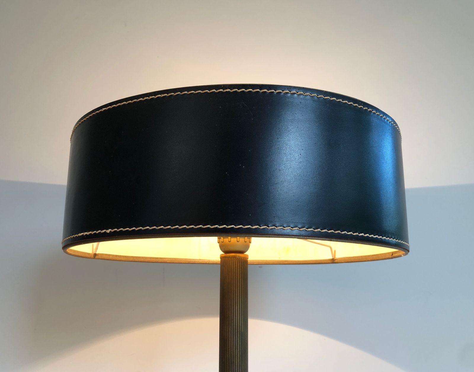 Black Leather And Brass Desk Lamp In The Style Of Jacques Adnet photo Lighting