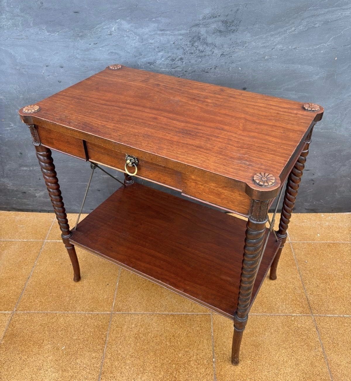 English Jacobean Revival Barley Twist Side Table With Drawer, Early 20th Century photo vintage