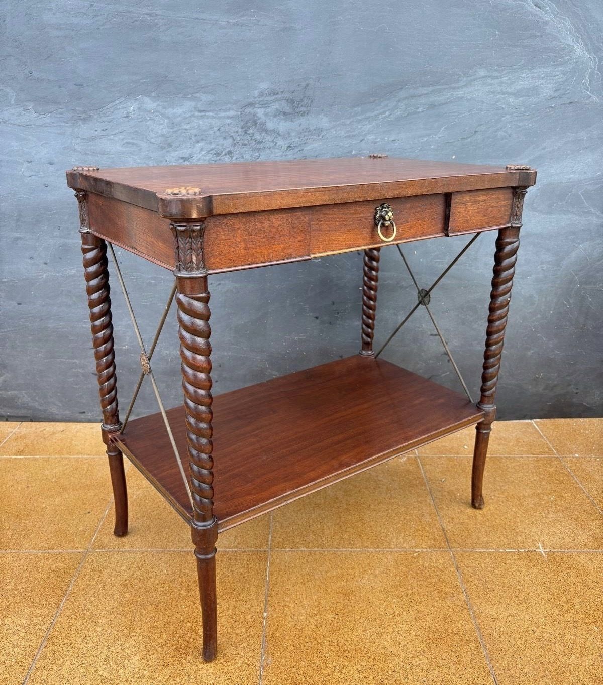 English Jacobean Revival Barley Twist Side Table With Drawer, Early 20th Century photo vinterior