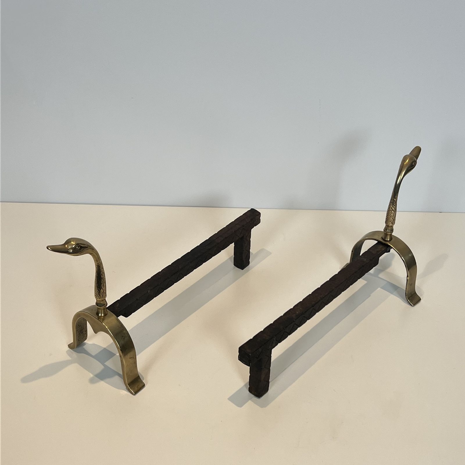 photo vinterior Pair Of Brass Andirons With Ducks. In The Style Of Maison Jansen
