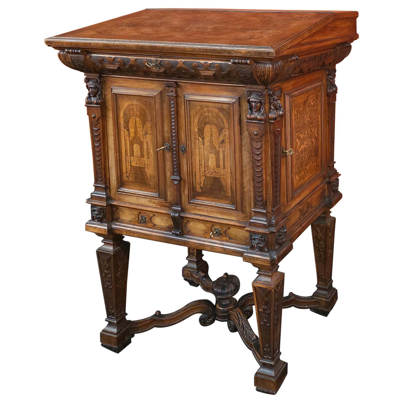 German Baroque Lectern Podium, Wood With Inlays, Antique, 1850 Circa