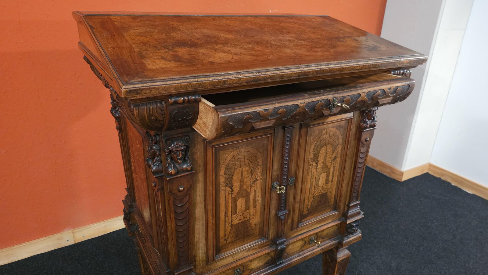 German Baroque Lectern Podium, Wood With Inlays, Antique, 1850 Circa photo vintage