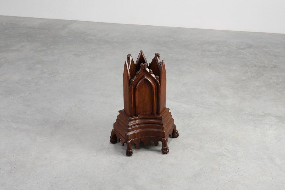19th Century Neo Gothic Oak Umbrella Stand With Sculptural Carving, France photo vinterior