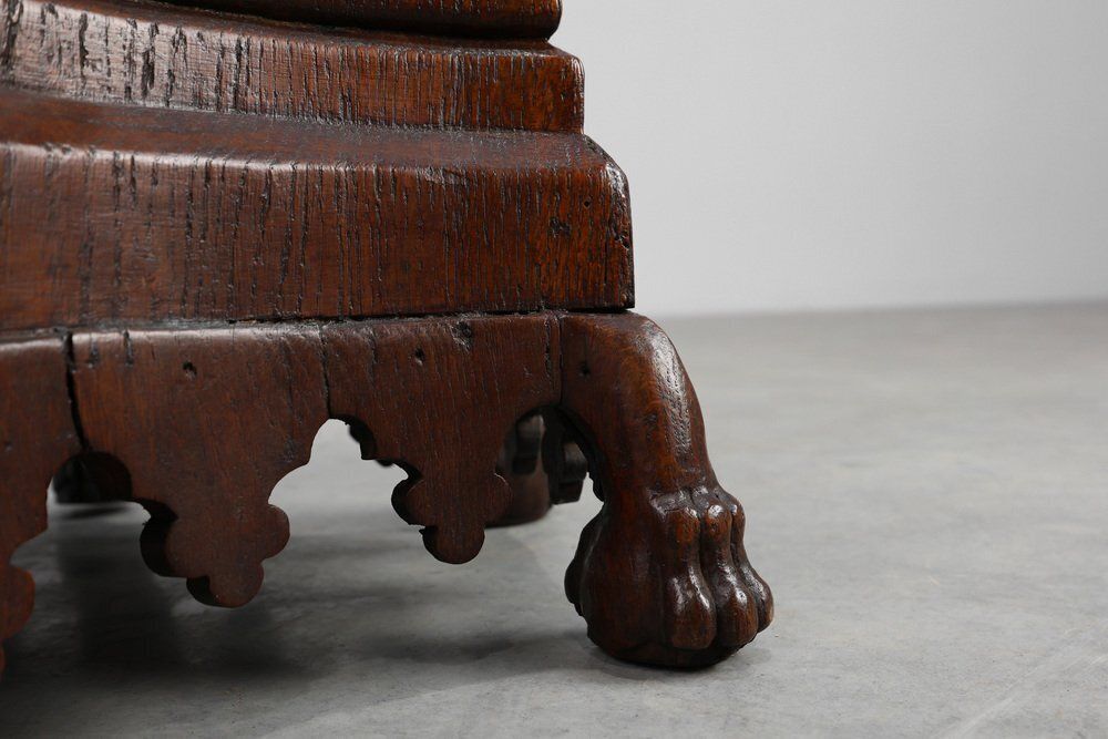 19th Century Neo Gothic Oak Umbrella Stand With Sculptural Carving, France photo vintage
