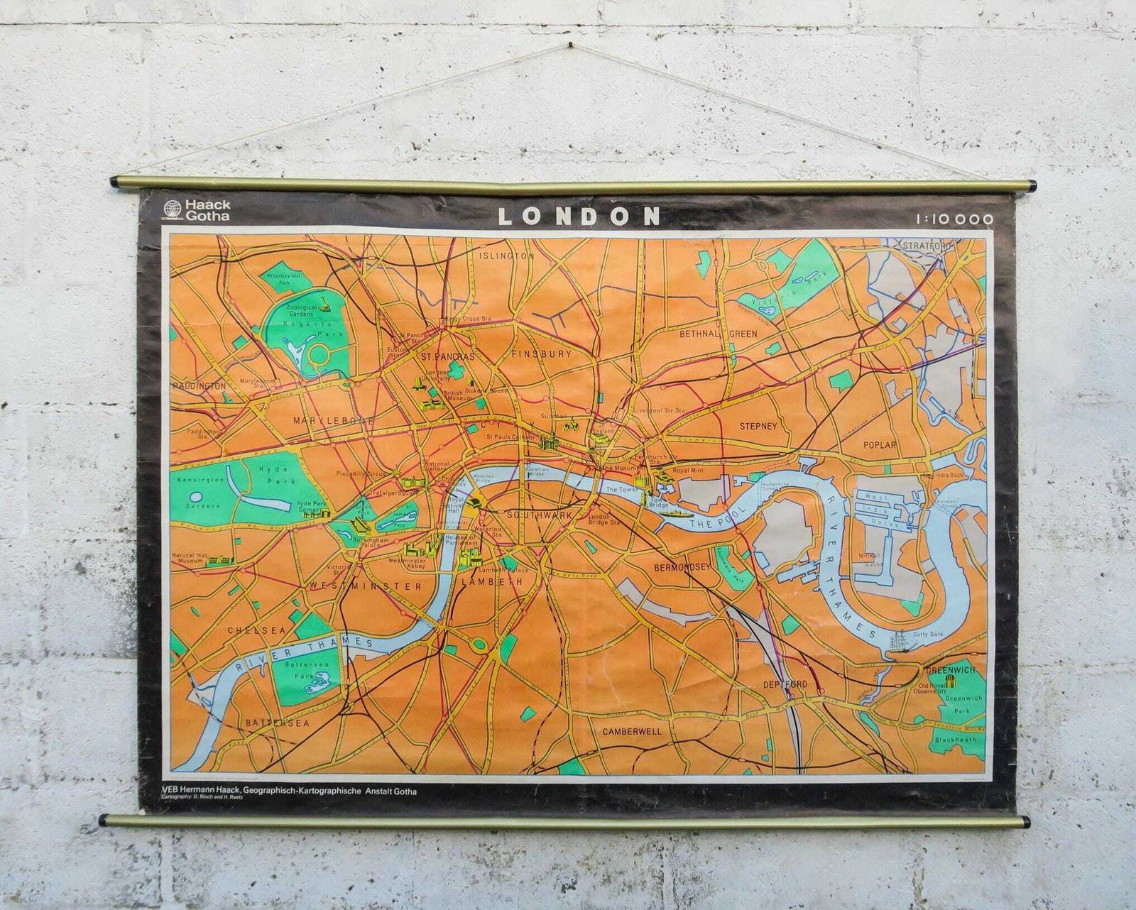 Original Huge Vintage German Educational School Wall Chart London Map Geography City Hanging Beautiful Rare Haack