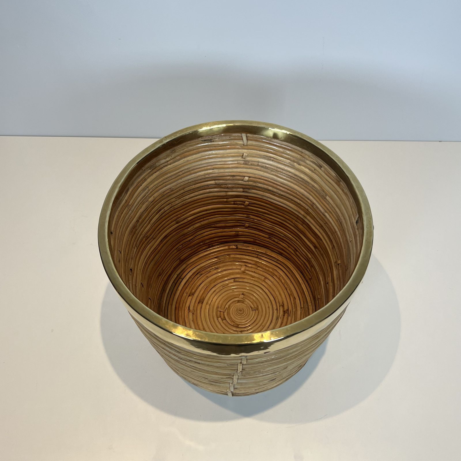 Rattan And Brass Wastepaper Basket In The Style Of Gabriela Crespi photo Home Decor