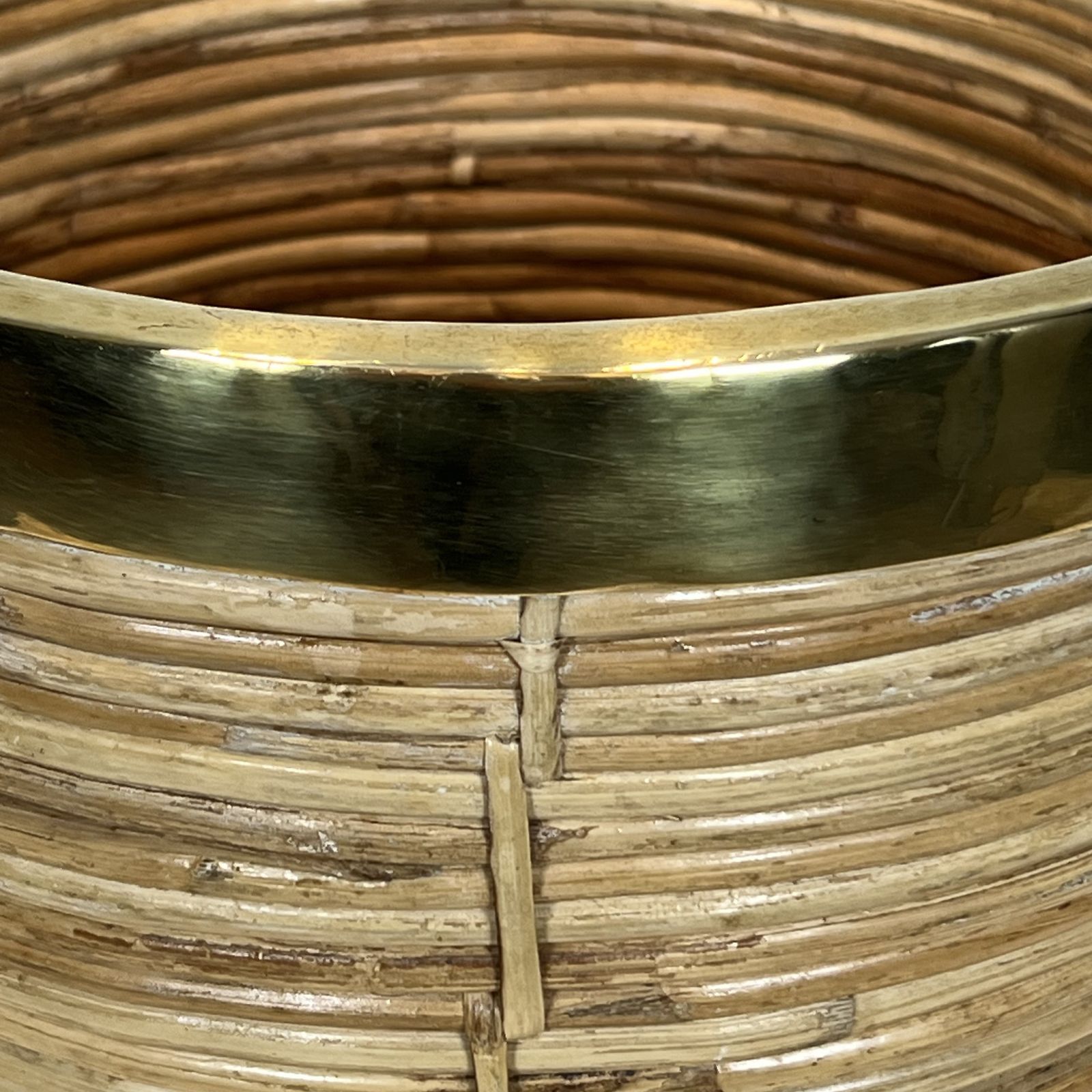 Rattan And Brass Wastepaper Basket In The Style Of Gabriela Crespi photo vintage
