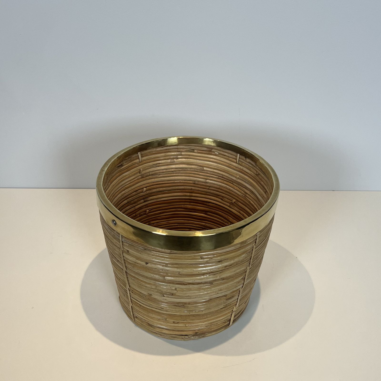 480.0 Rattan And Brass Wastepaper Basket In The Style Of Gabriela Crespi photo