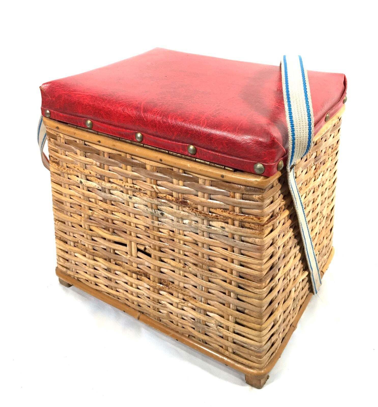 photo for sale Vintage 1970s Wicker Fishing Tackle Basket / Seat Storage Box & Shoulder Strap
