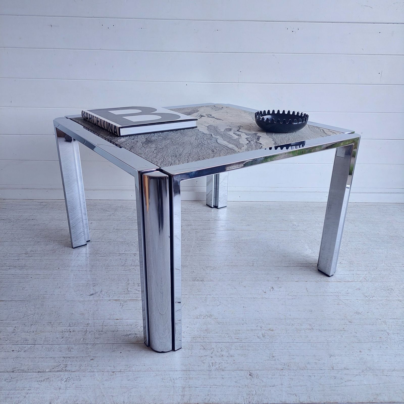 photo for sale Mid Century Marble Stone And Chrome Coffee Table Italy 1970s Leon Rosen For Pace Style