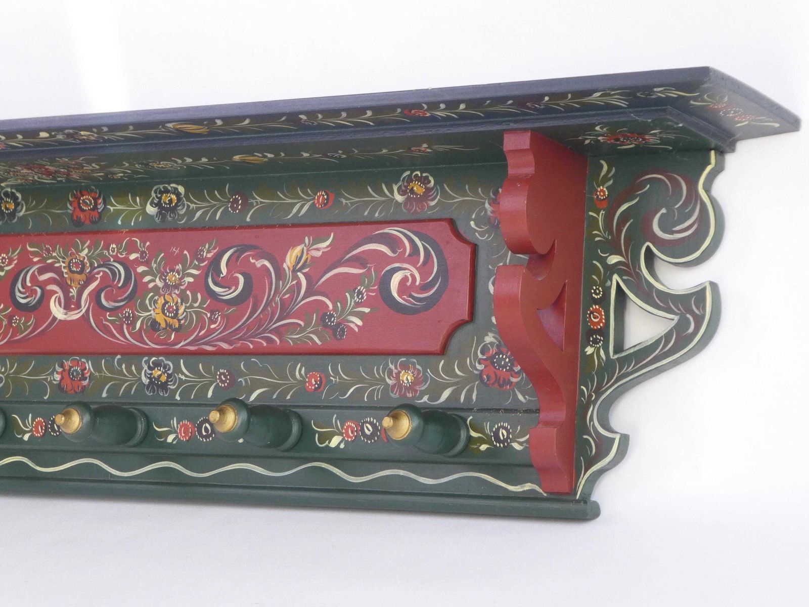 Antique Carved Folk Art Dutch Wall Rack, Wooden Hand Painted Floral Coat Rack photo Furniture