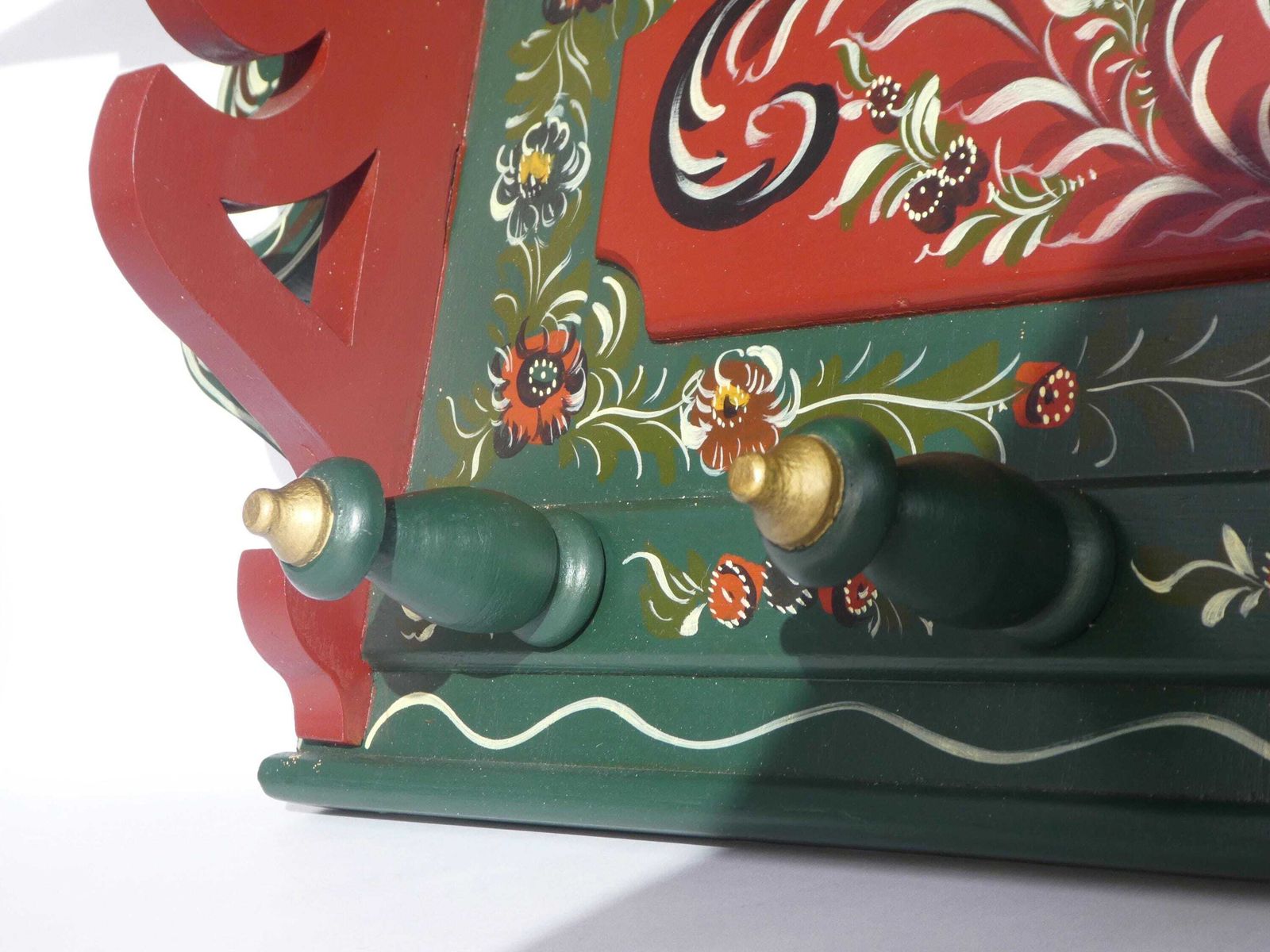 Antique Carved Folk Art Dutch Wall Rack, Wooden Hand Painted Floral Coat Rack photo buy