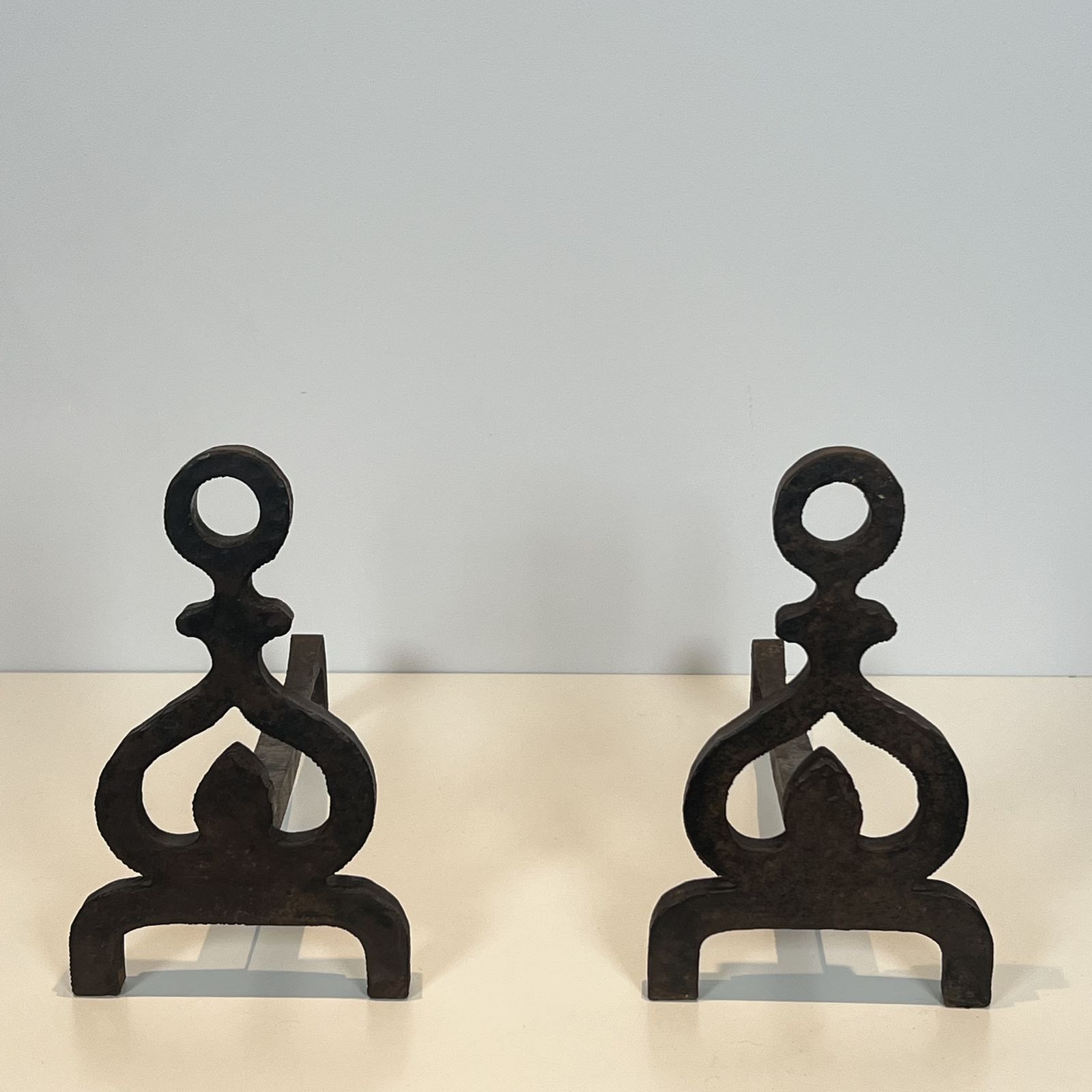 Pair Of Modernist Wrought Iron Andirons photo for sale