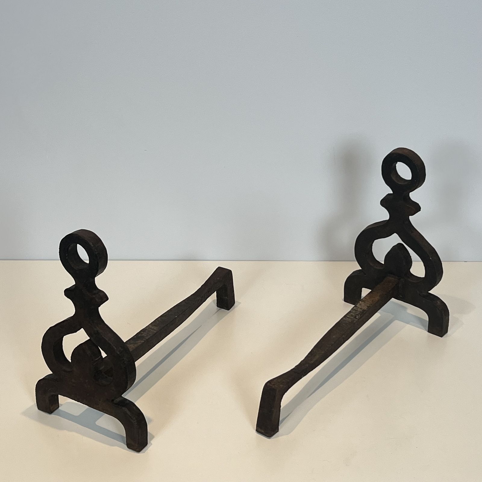 photo vinterior Pair Of Modernist Wrought Iron Andirons