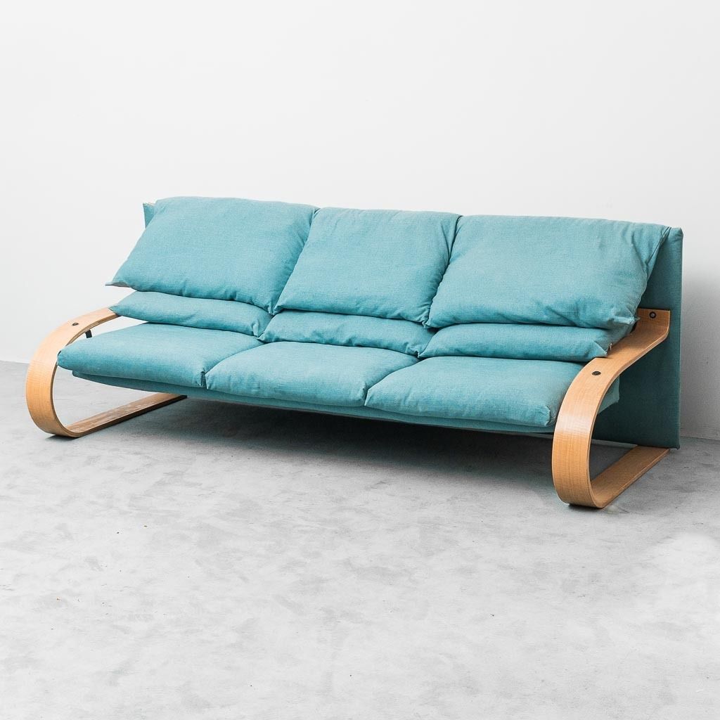 Alvar Aalto Style 3 Seater Fabric Sofa, Curved Wood, 1970s Vintage, Modern Antiques
