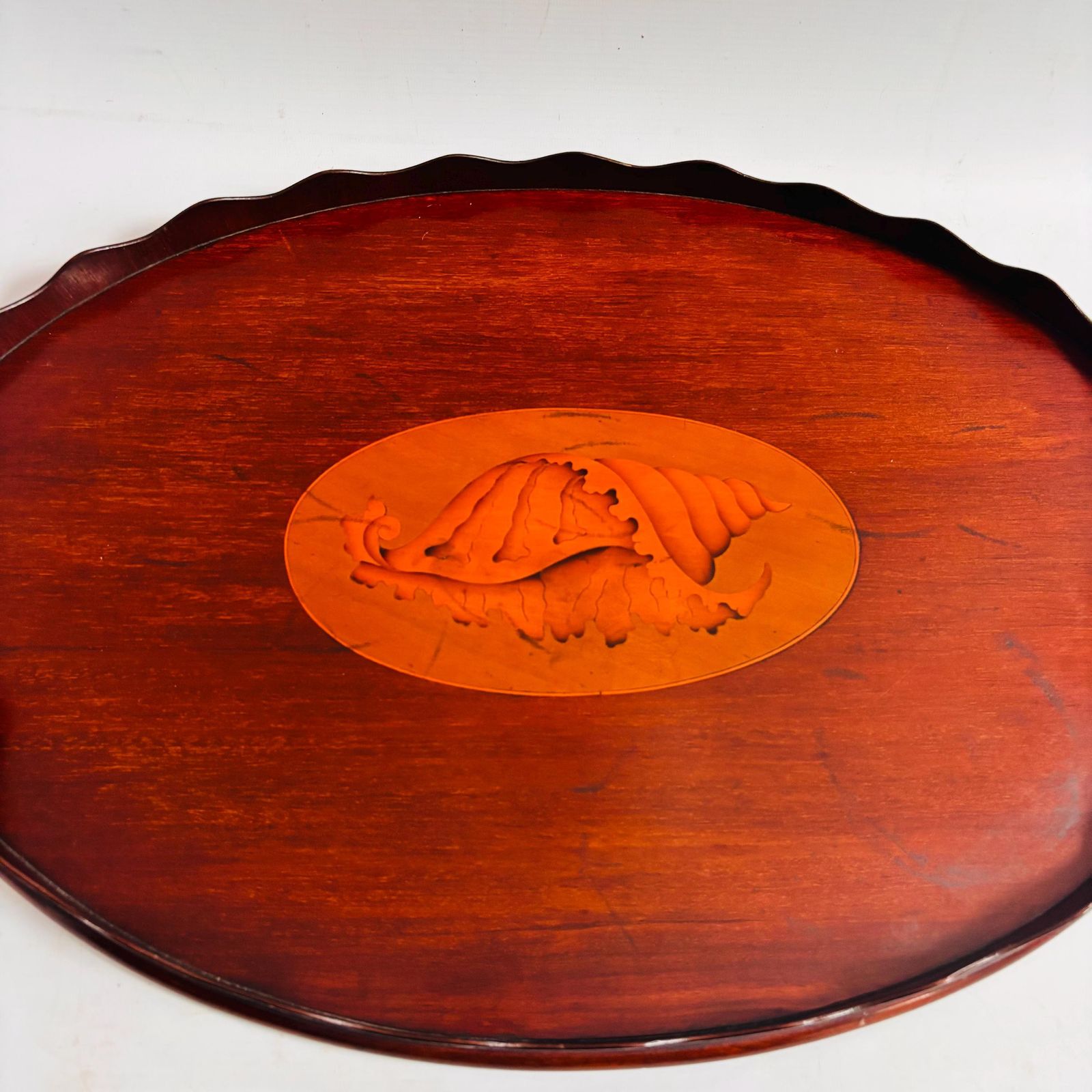 Antique Edwardian Mahogany Tray | Marquetry Inlaid Shell With Brass Handles | Butler's Tea 19c photo 289.0