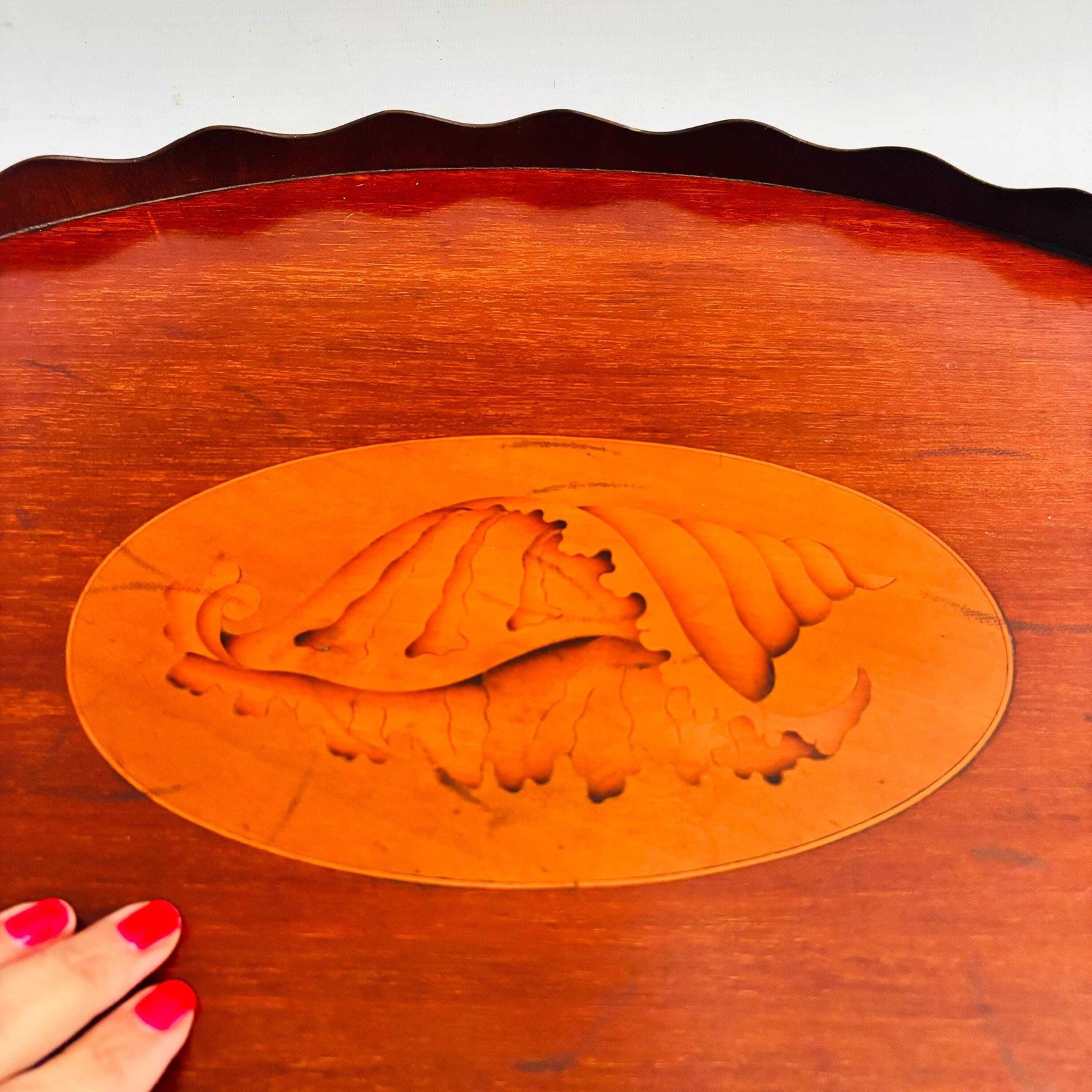 Antique Edwardian Mahogany Tray | Marquetry Inlaid Shell With Brass Handles | Butler's Tea 19c photo vintage