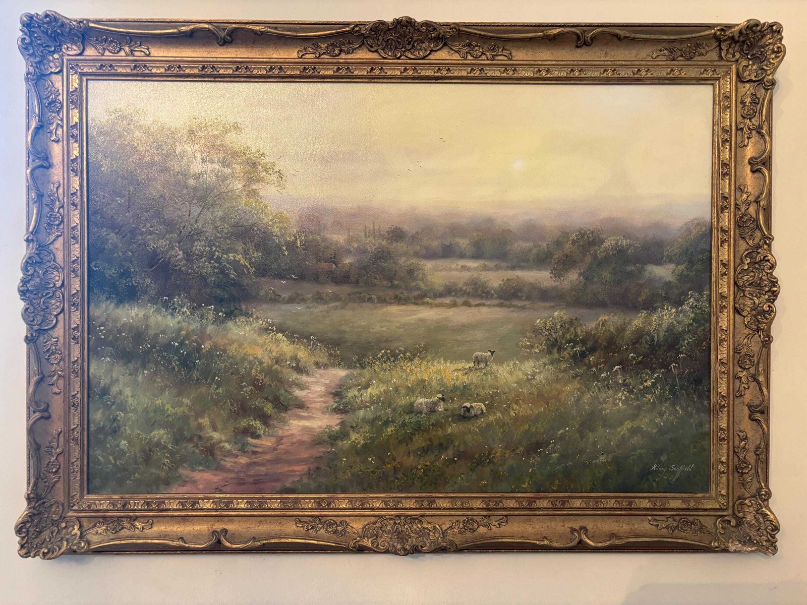 Oil On Canvas By Hilary Scoffield. Pastoral Scene Sheep Grazing Ornate Frame