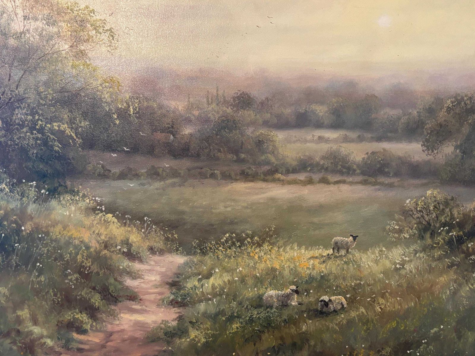Oil On Canvas By Hilary Scoffield. Pastoral Scene Sheep Grazing Ornate Frame photo vintage