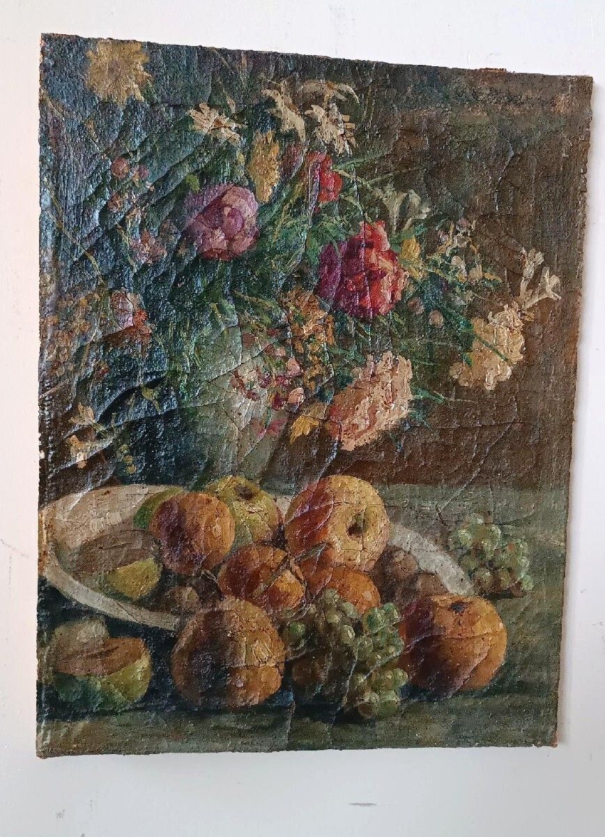19th Century Oil Painting On Canvas Depicting A Vase Of Fruit With Flowers photo furniture