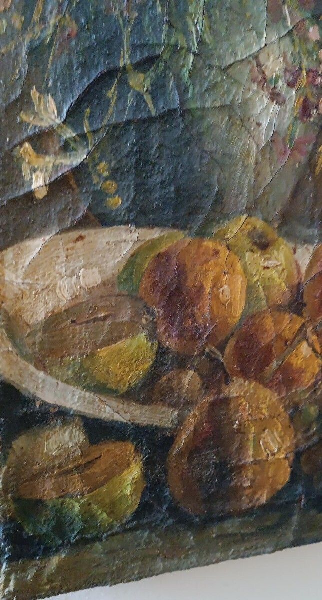 19th Century Oil Painting On Canvas Depicting A Vase Of Fruit With Flowers photo 408.0
