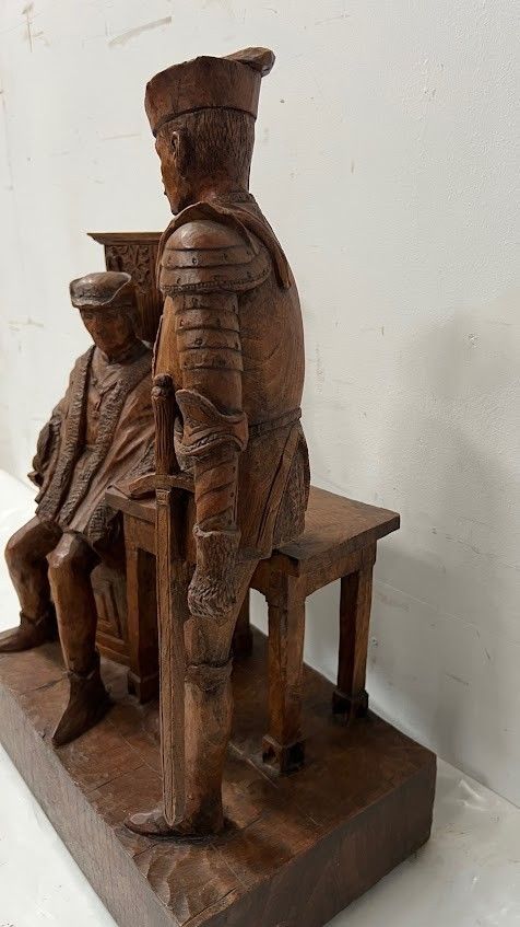 Wooden Group Carved With The Effigy Of Two Notables 20th Century photo vintage
