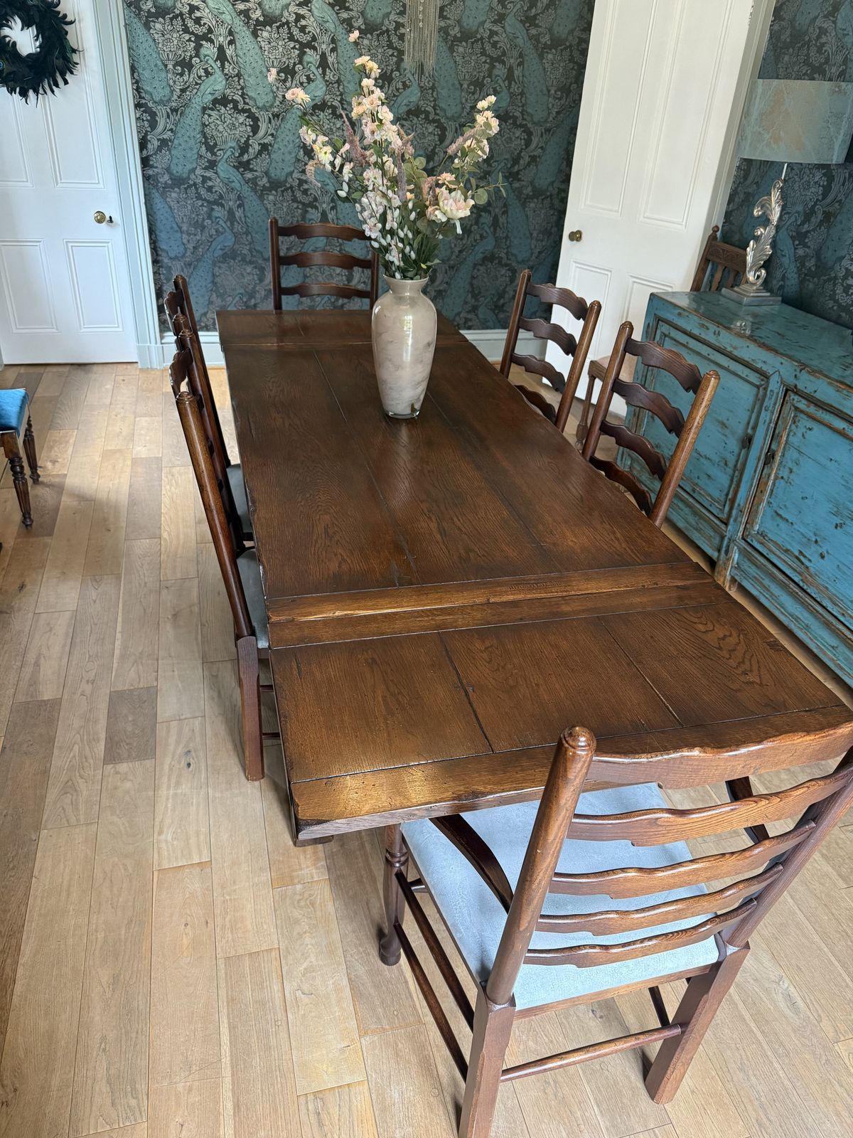 English Oak, Drawer Leaf Refectory Table & 6 Ladderback Chairs photo Furniture