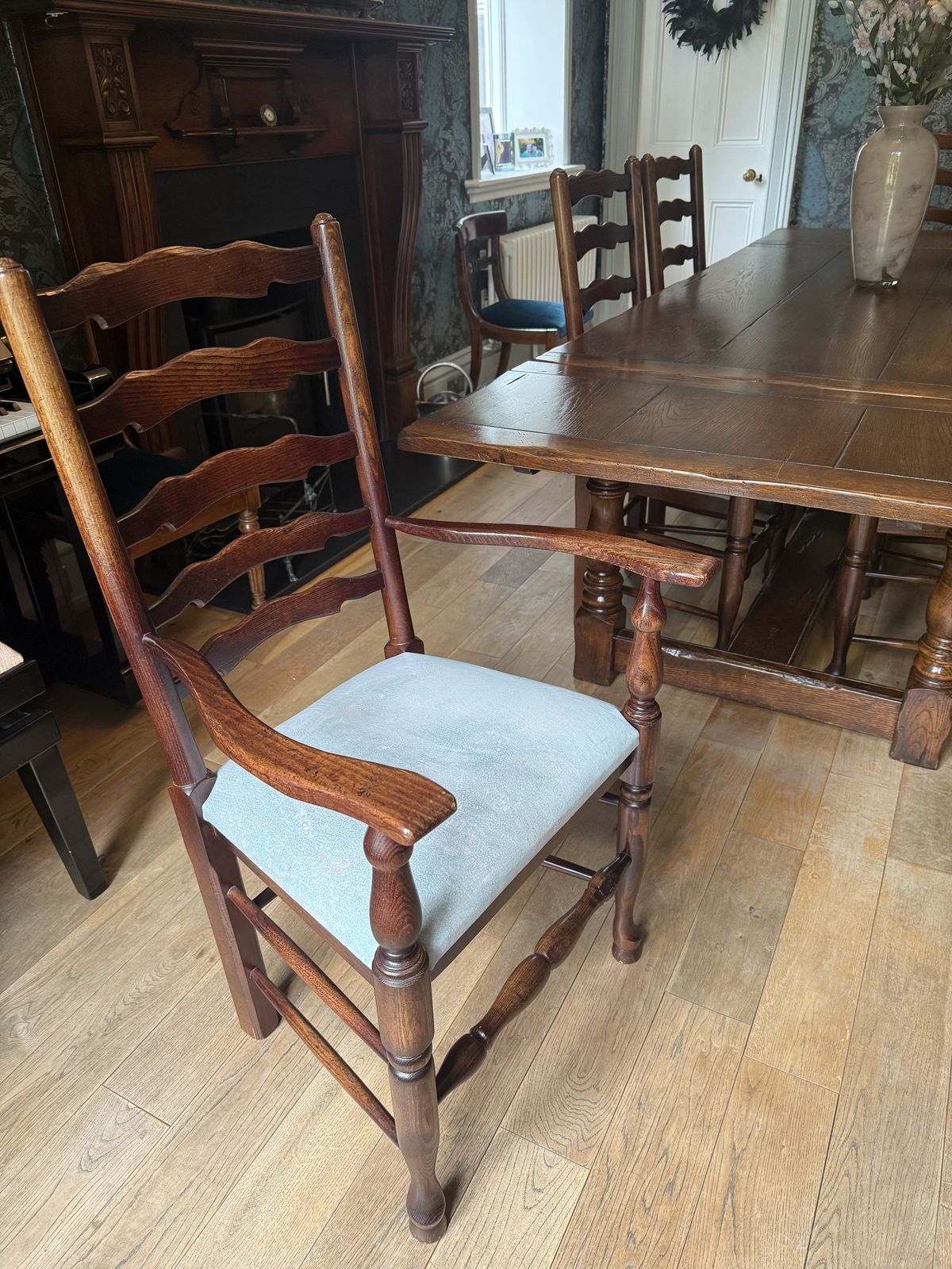 English Oak, Drawer Leaf Refectory Table & 6 Ladderback Chairs photo vinterior