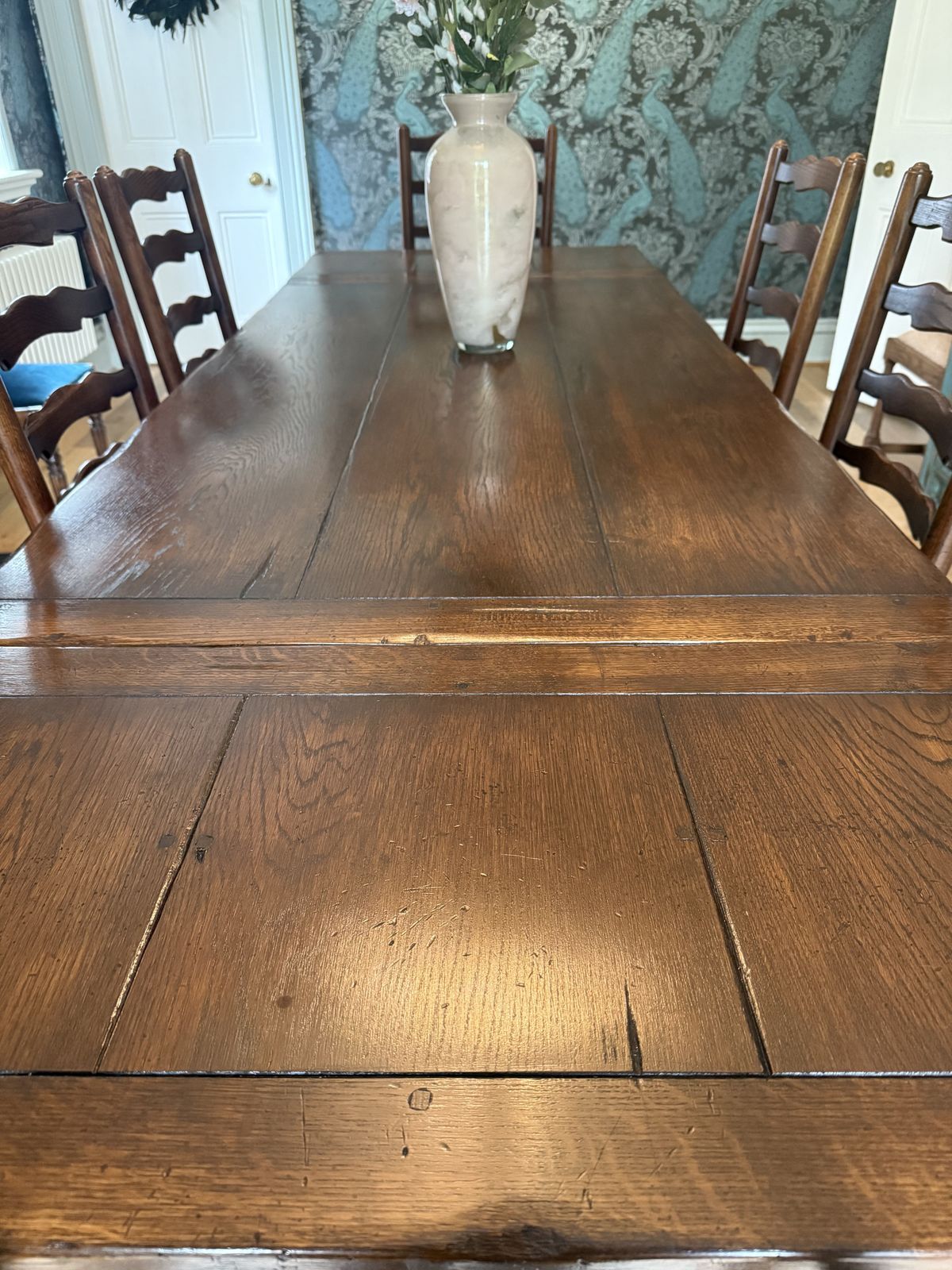 English Oak, Drawer Leaf Refectory Table & 6 Ladderback Chairs photo buy