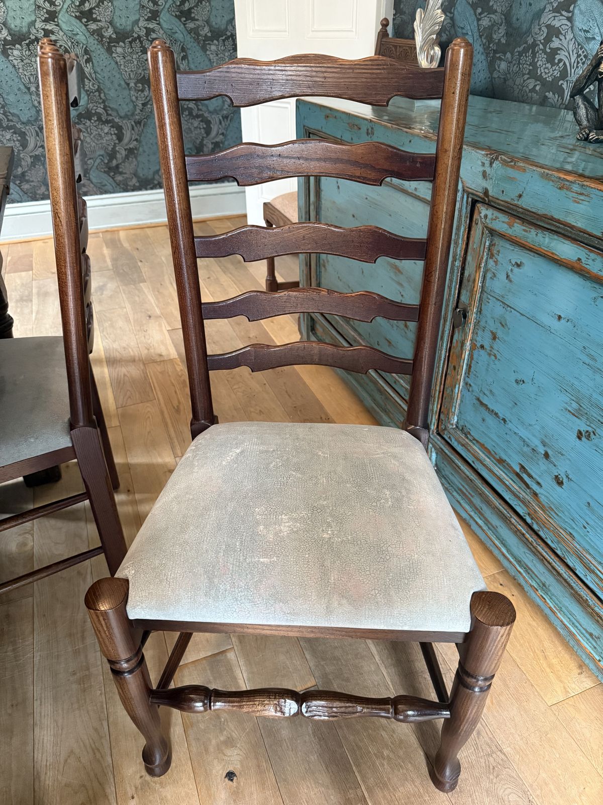 English Oak, Drawer Leaf Refectory Table & 6 Ladderback Chairs photo vintage