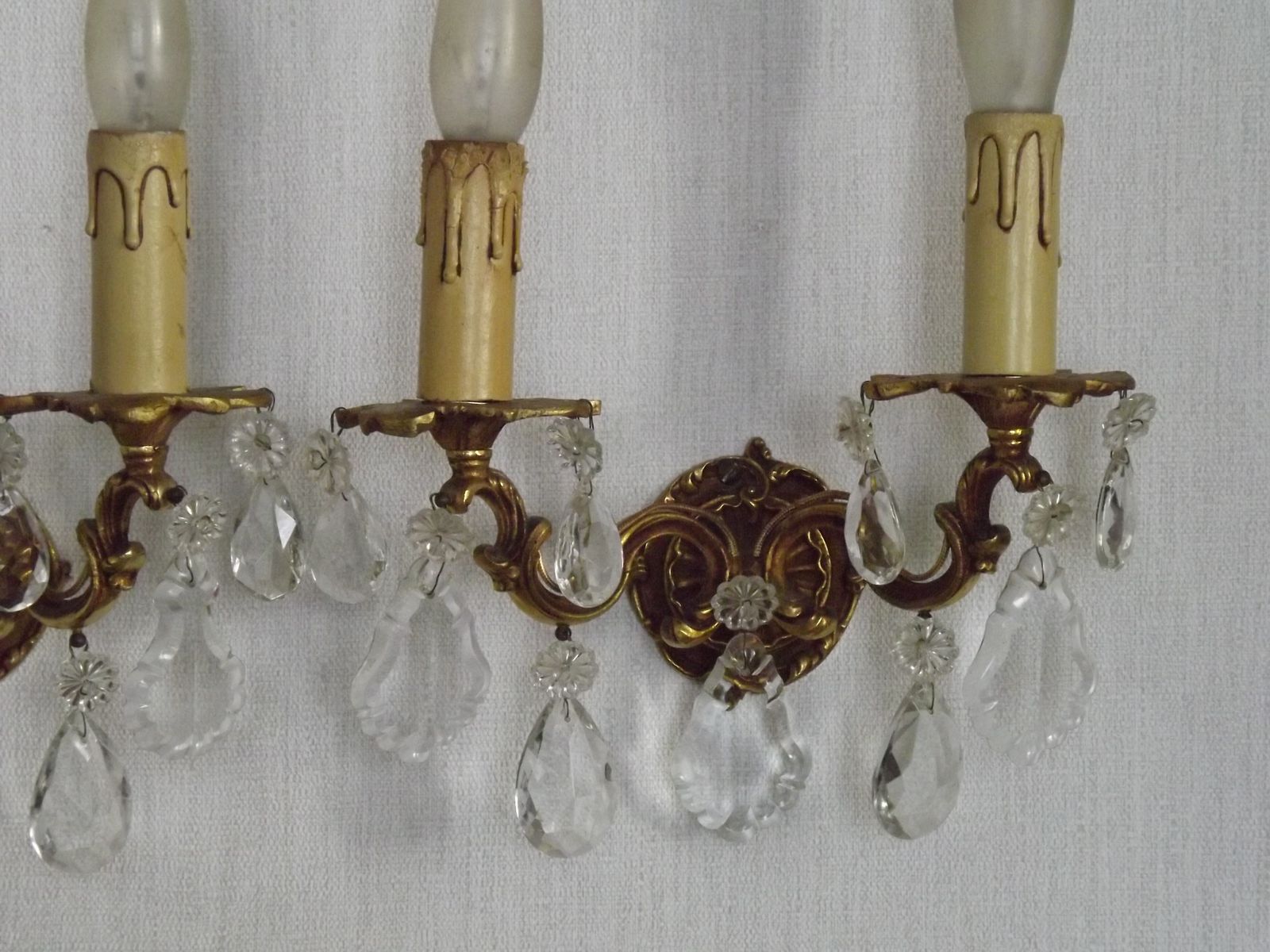 Pair Of French Vintage Double Bronze Crystal Wall Lights With Acanthus Detail photo Lighting