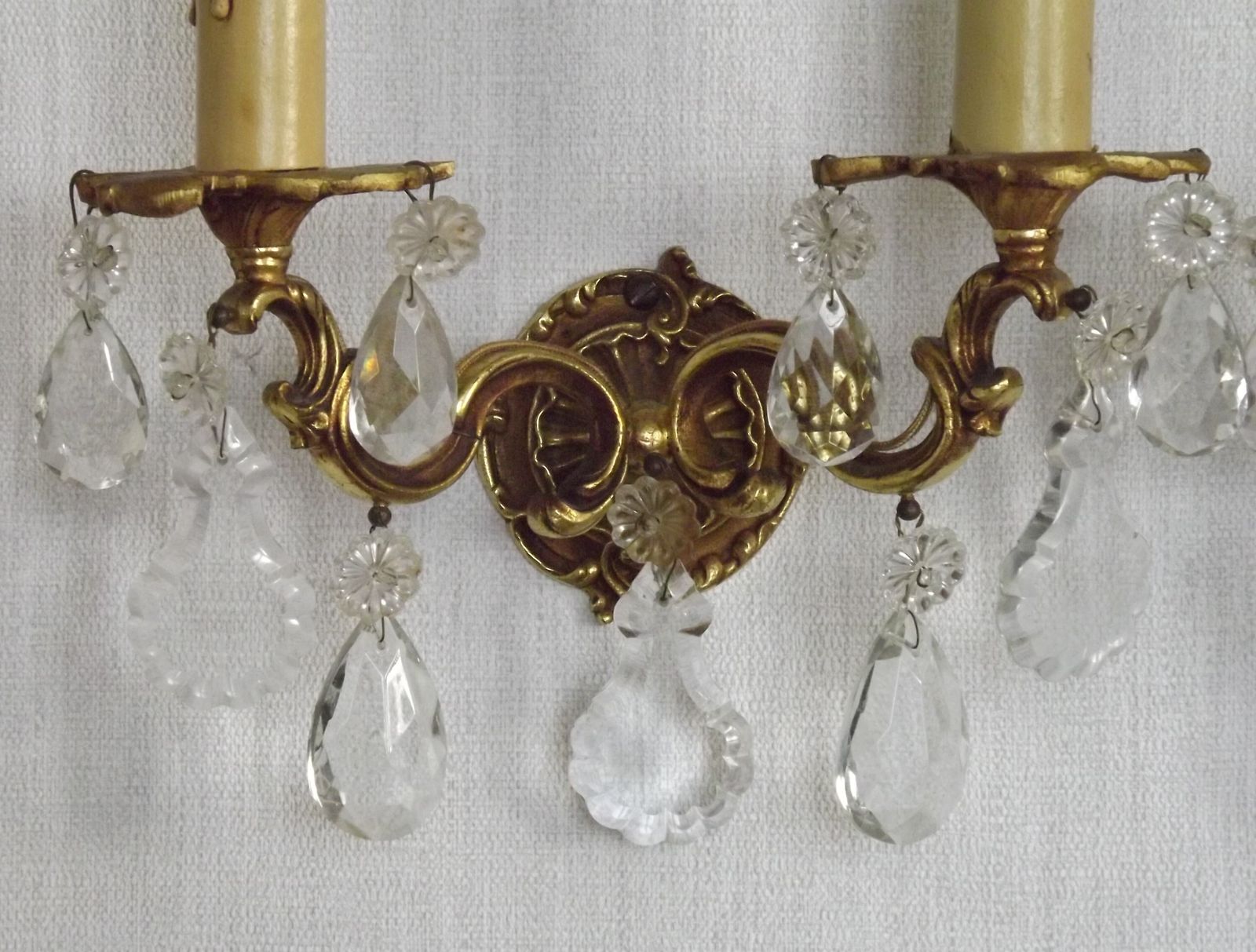 Pair Of French Vintage Double Bronze Crystal Wall Lights With Acanthus Detail photo buy