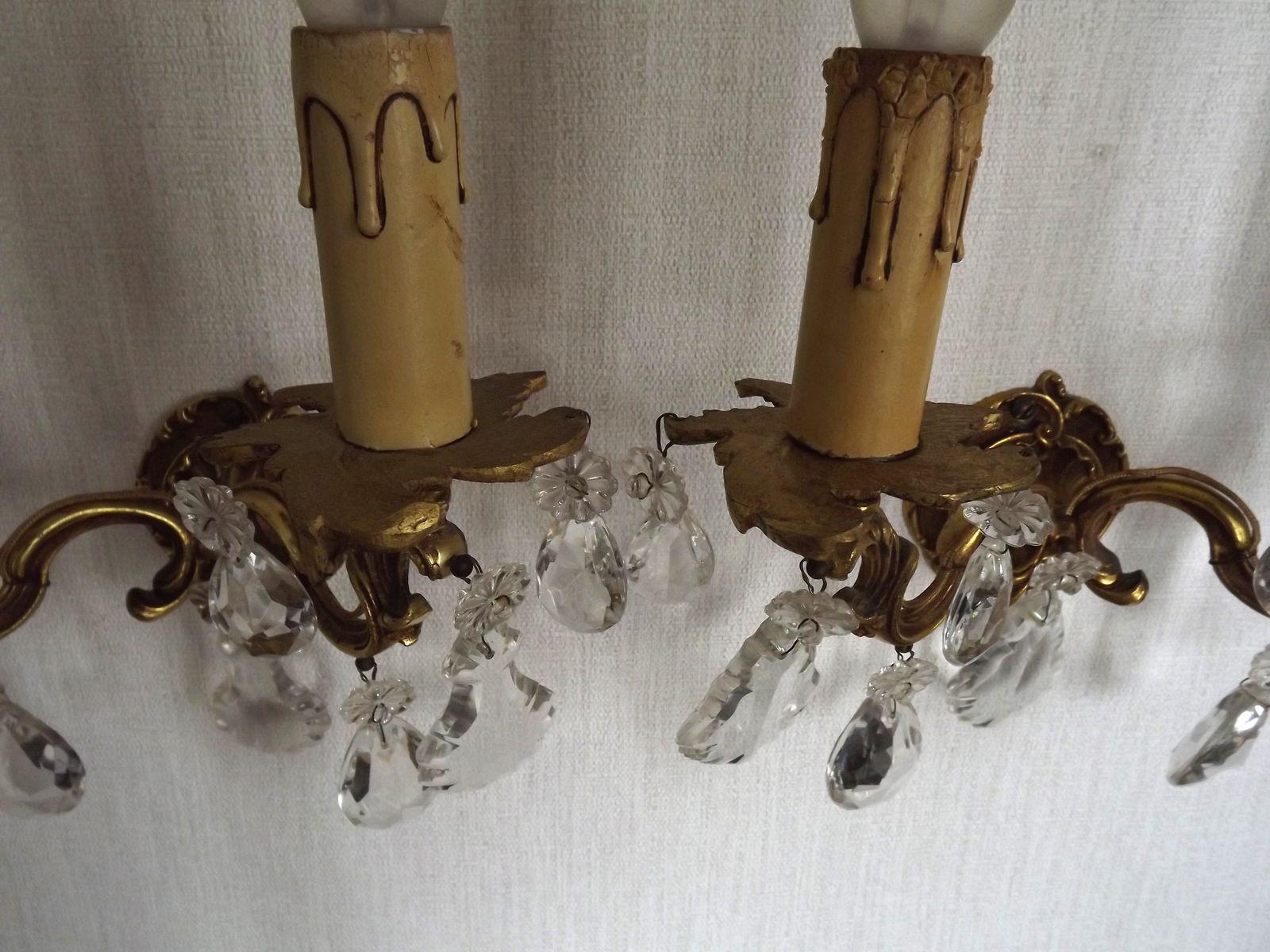 photo buy Pair Of French Vintage Double Bronze Crystal Wall Lights With Acanthus Detail
