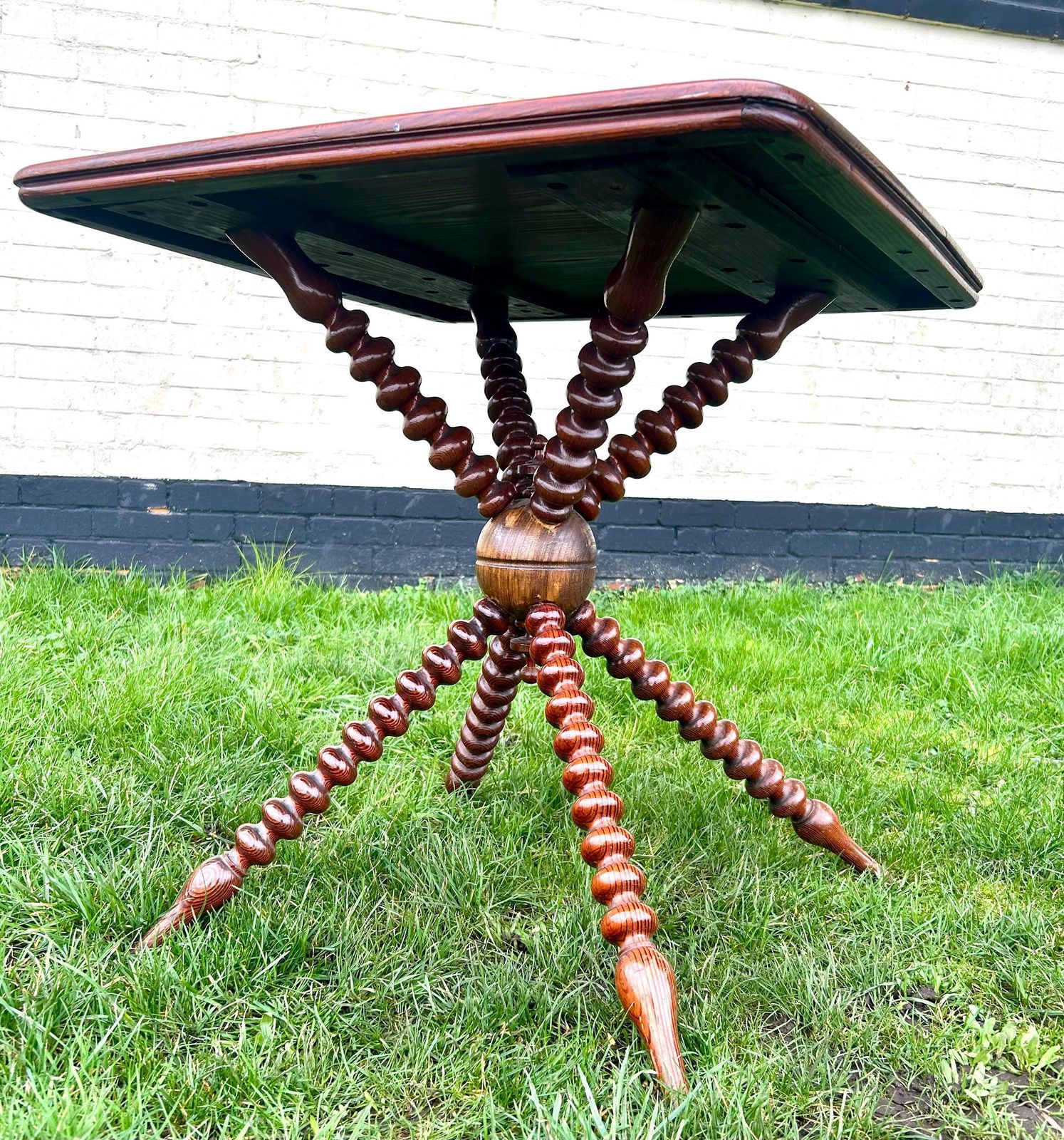 Victorian Pitch Pine Bobbin Wooden Antique Side Table Vintage Arts And Crafts Hall Desk Industrial Occasional Wine Coffee