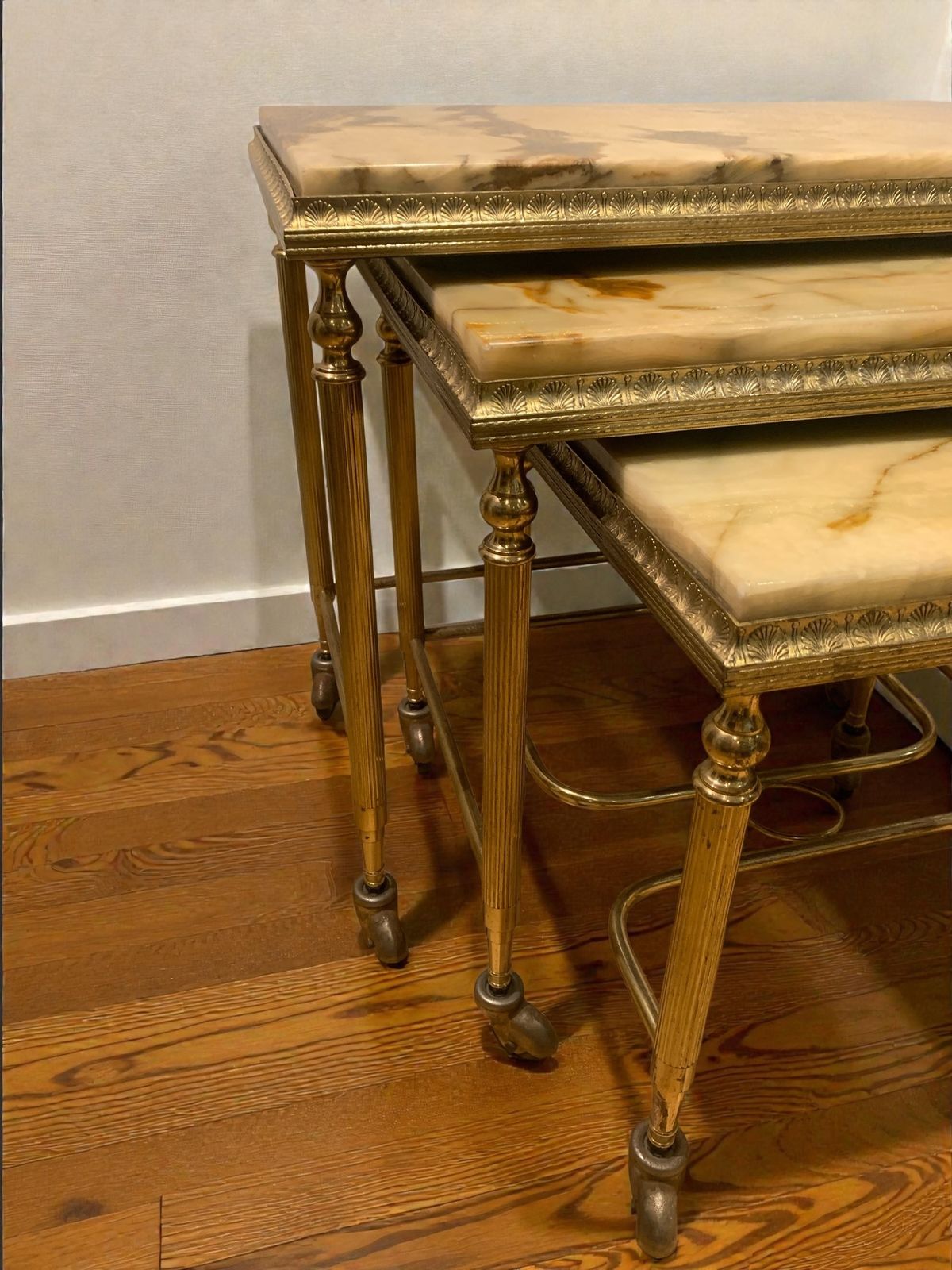 Elegant French Brass And Onyx Nesting Tables In The Style Of Hollywood Regency C1950's photo for sale