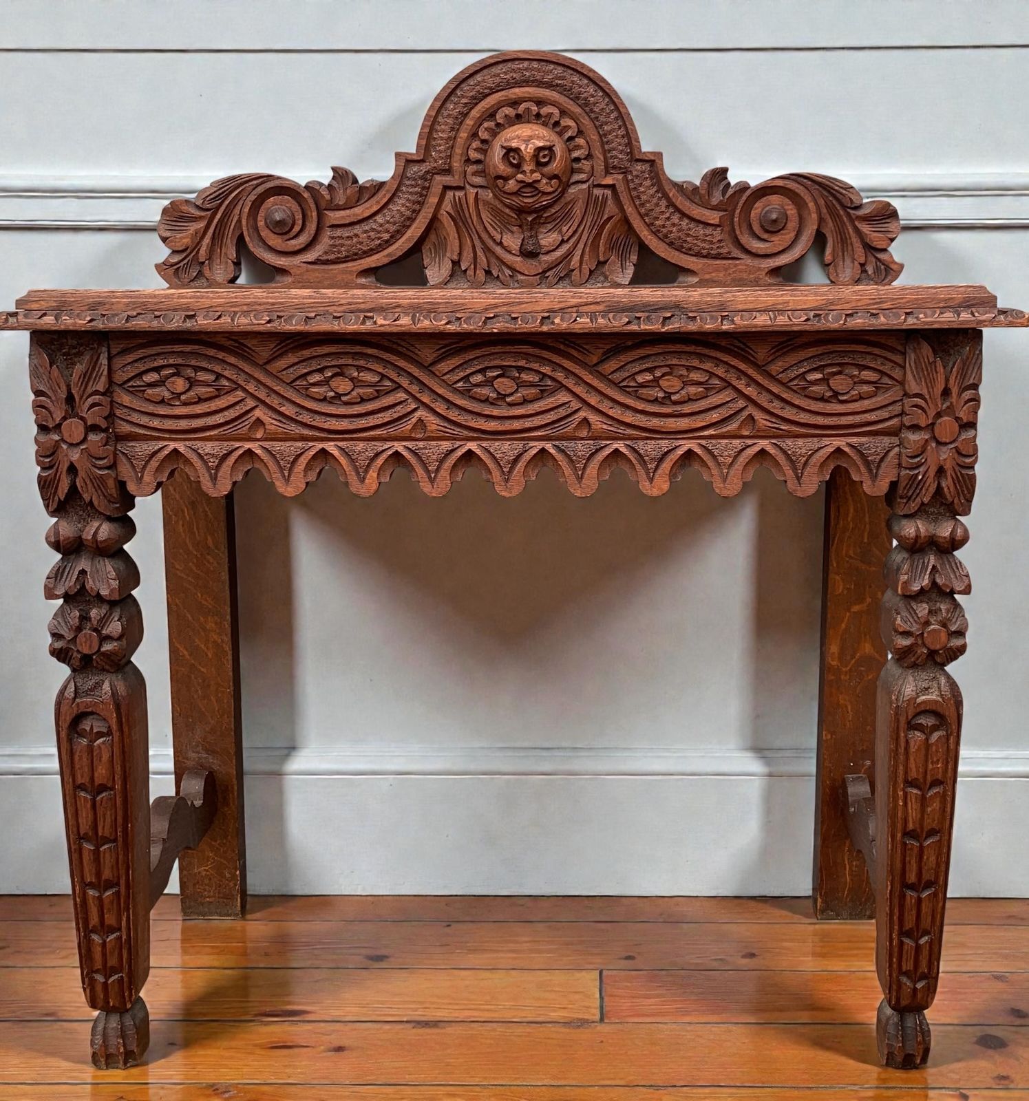 1860's Antique Victorian Carved Oak Console Hall Table With Green Man Motif