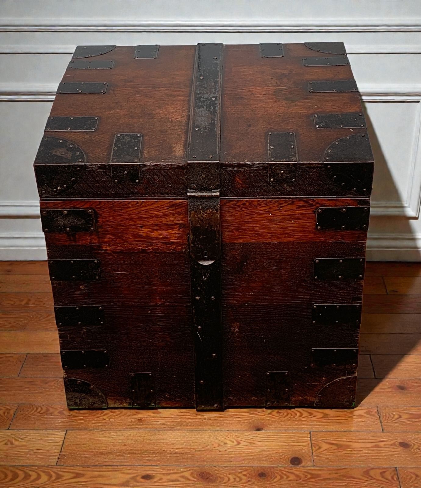 Antique Oak, Bound Iron Storage Trunk, Silver Chest, Campaign Chest, C 1800's. photo furniture